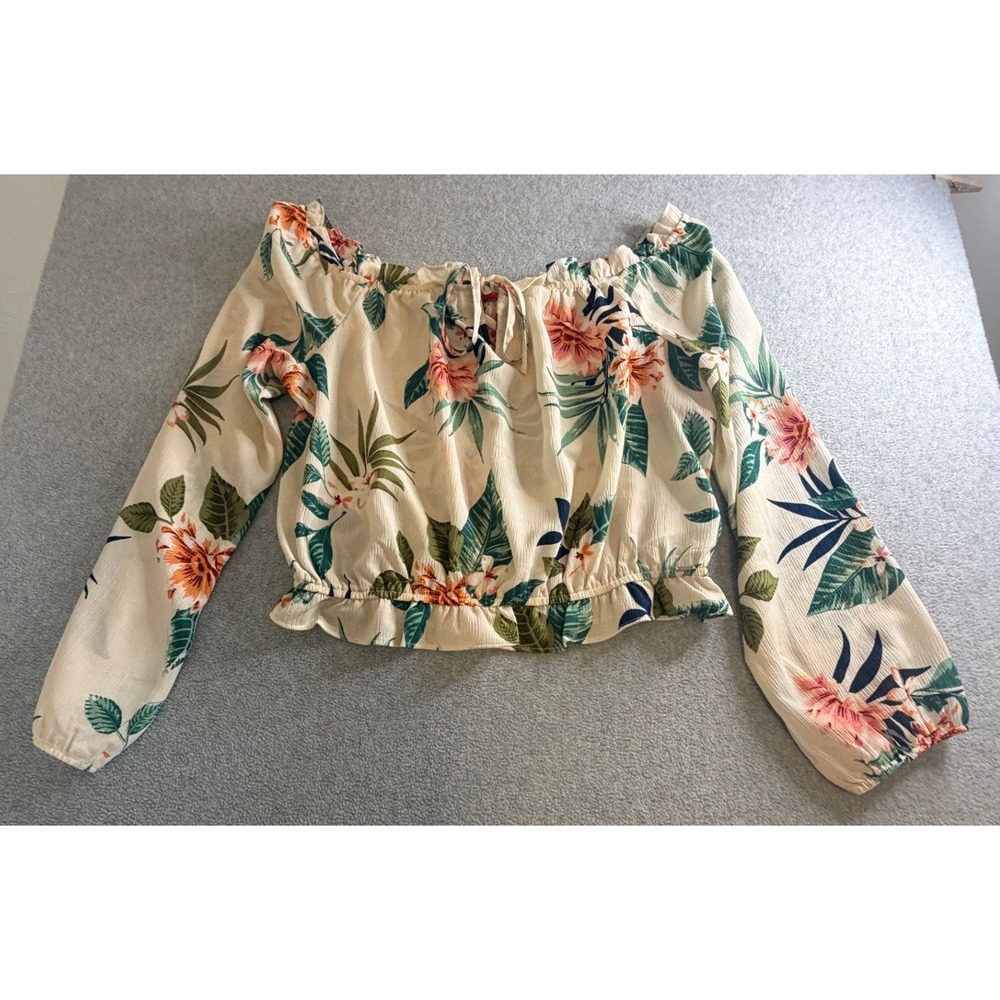 Guess Los Angeles Womens Large Tropical Floral Off Shoulder Crop Top Blouse